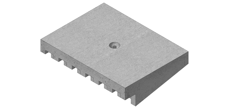 Precast concrete spillway unit with castellated notches and a central lifting hole