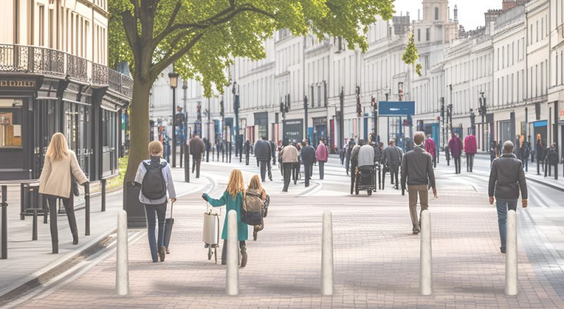 White concrete bollards lining a pedestrianised city street busy with shoppers