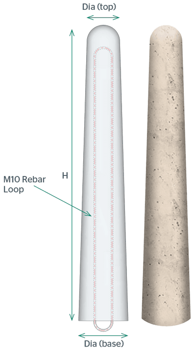 Diagram of a precast concrete bollard showing top and base diameters and rebar loop