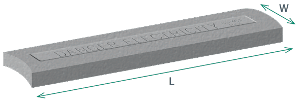 Render of a Danger Electricity cable protection cover with length and width arrows