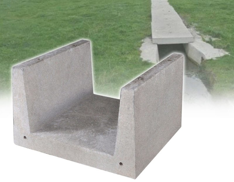 U-shaped precast concrete channel unit shown against an installed channel run