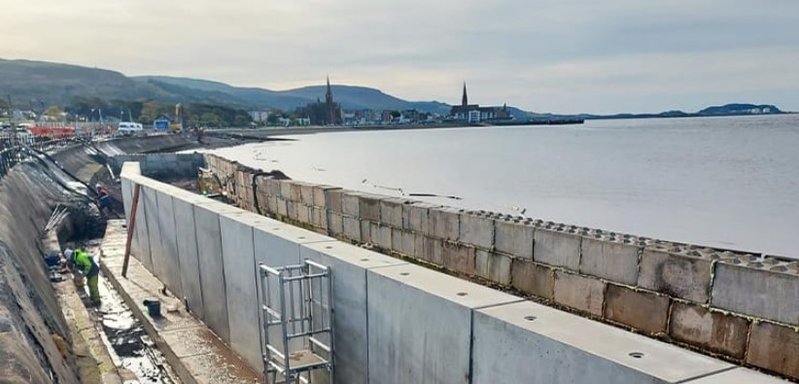 Precast block wall forming a new sea defence along a town seafront