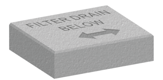 Square concrete marker slab reading filter drain below with a direction arrow