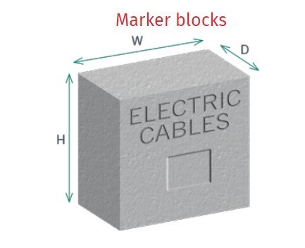 Diagram of a marker block cast ELECTRIC CABLES, labelled with width, height and depth