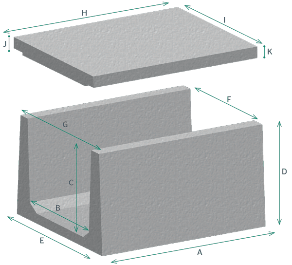 Dimensioned render of a precast concrete channel trough and its cover slab
