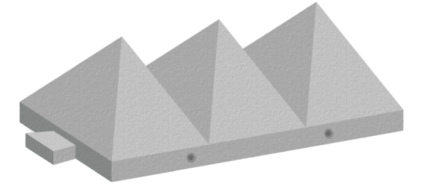 Product render of a tank trap pyramid barrier unit with three moulded peaks