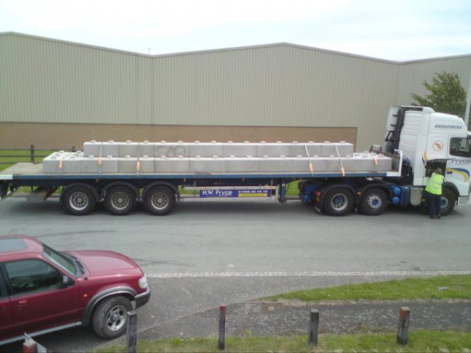Flatbed lorry loaded with Duo interlocking blocks ready for delivery