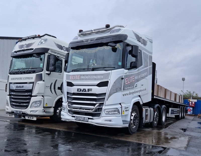 Two flatbed delivery lorries parked side by side in a yard