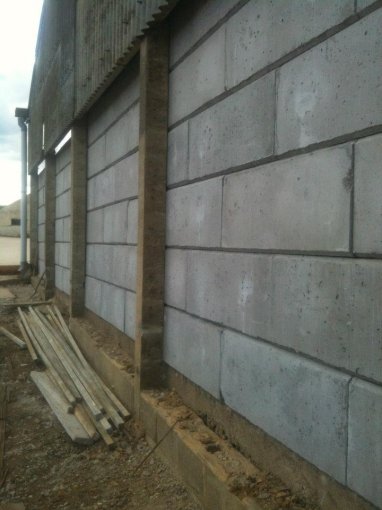 Duo interlocking block wall built against the side of an industrial building