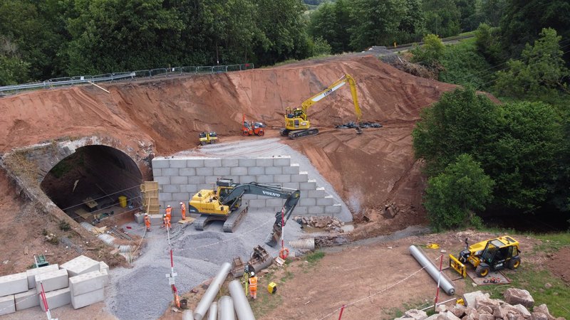 Legato block wall built beside a railway tunnel portal during earthworks