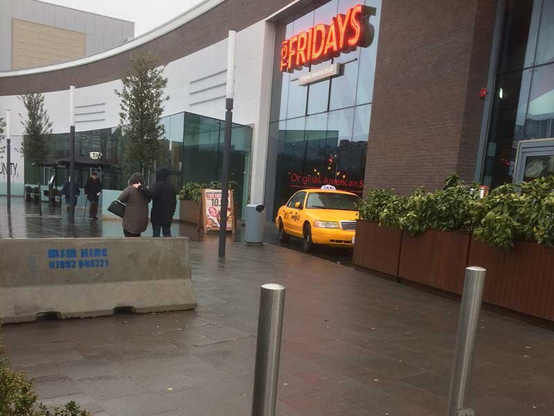 Jersey barrier protecting the frontage of a retail and leisure development