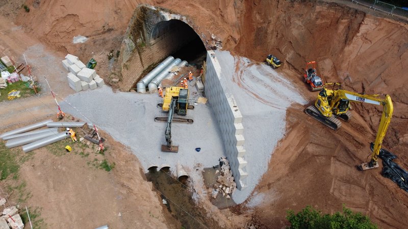 Aerial view of landslip repair works at a railway tunnel portal