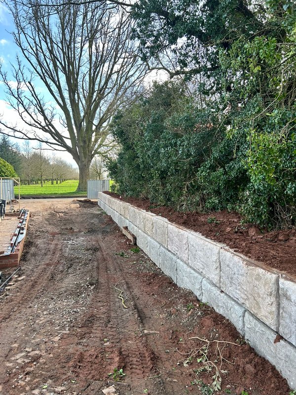 Low Vee-Rock garden retaining wall edging a muddy track beneath mature trees