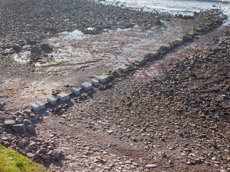 Line of concrete pipe anchor blocks laid across a rocky foreshore