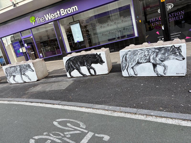 Street security blocks painted with wolf artwork outside a parade of shops