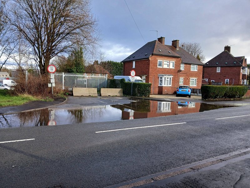 Concrete barriers lining a grass verge beside a flooded residential road