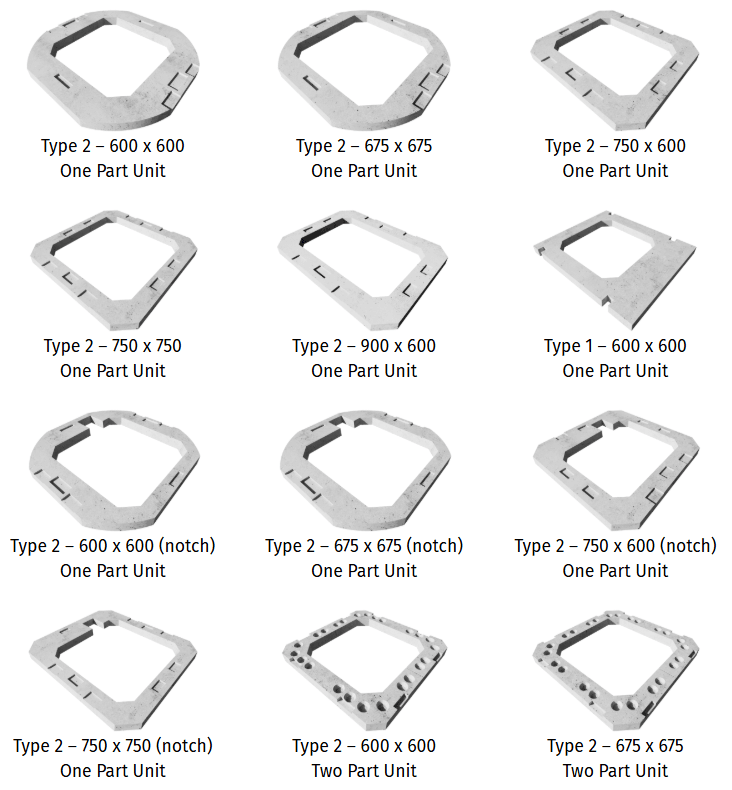 The twelve standard seating ring and adjusting unit types, showing one-part and two-part units from 600 x 600 to 900 x 600, including notched variants