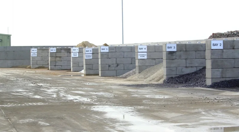 Aggregate storage bays built from Duo blocks with numbered bay signs on each wall